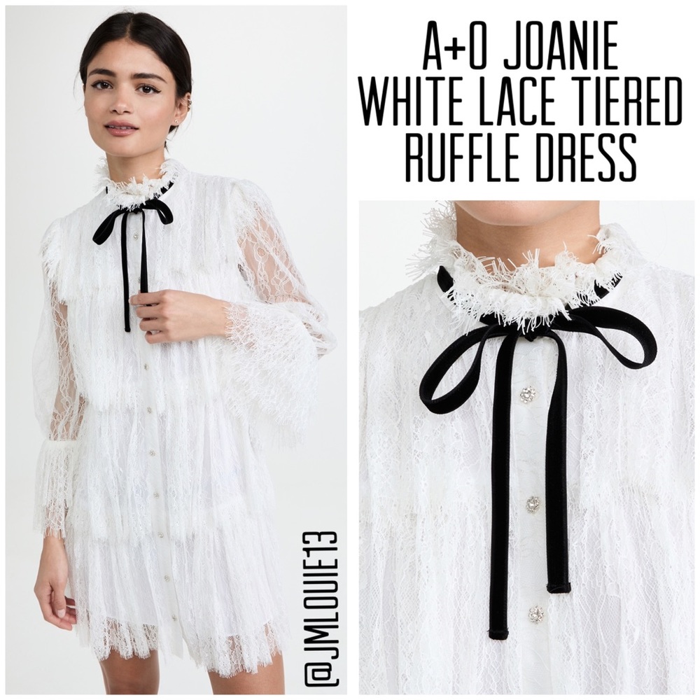 Alice + Olivia Joanie White Lace Tiered Ruffle Dress